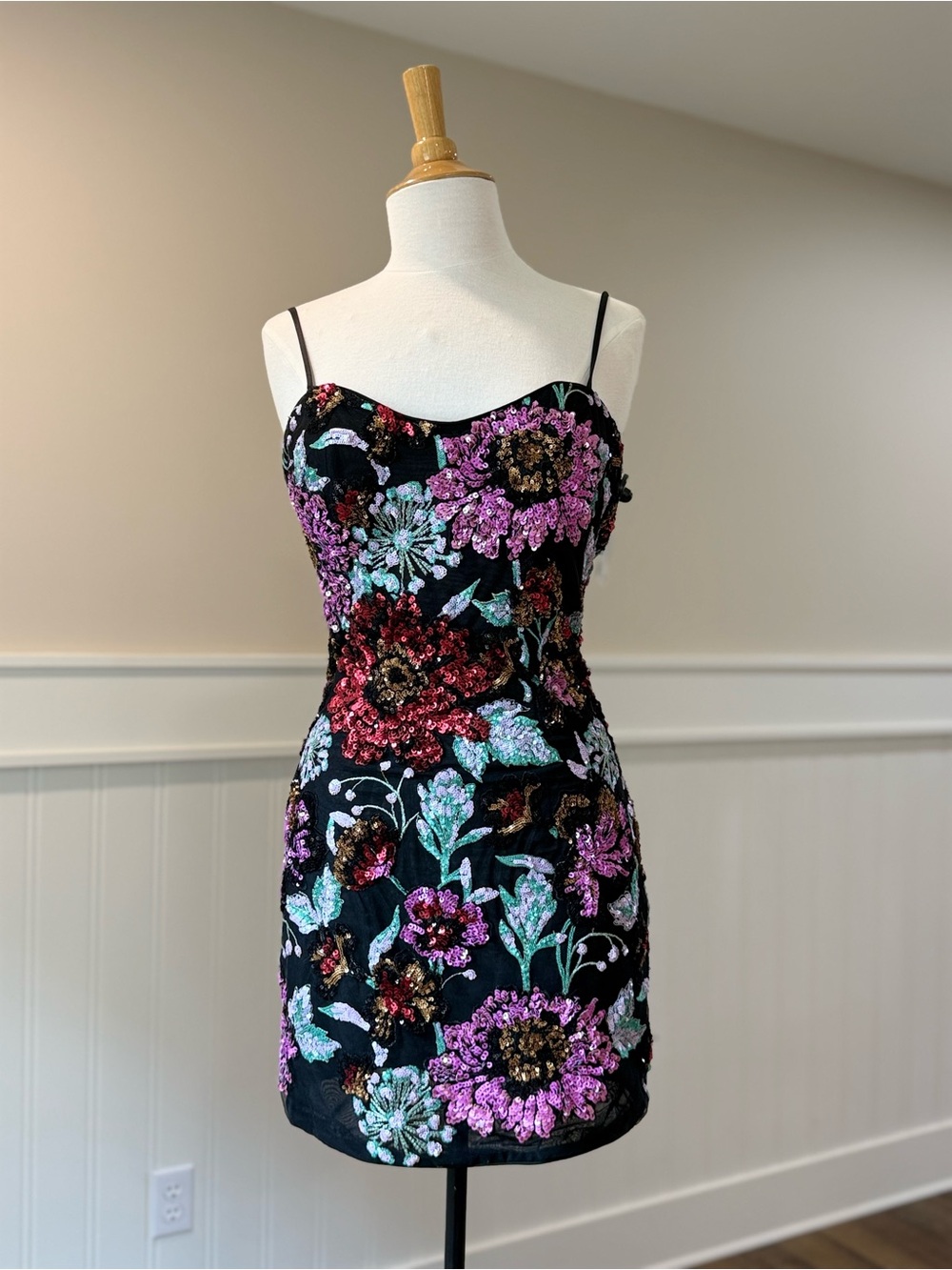 La Femme Black Mini Dress with Multicolor Sequin Floral Embroidery